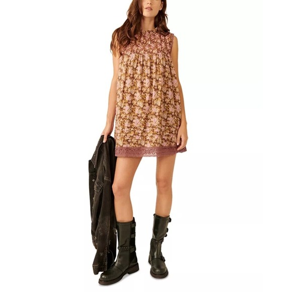 Free People Dresses & Skirts - Free People Women's Shea Printed Mini Dress Floral Smocked Brown Pink Medium